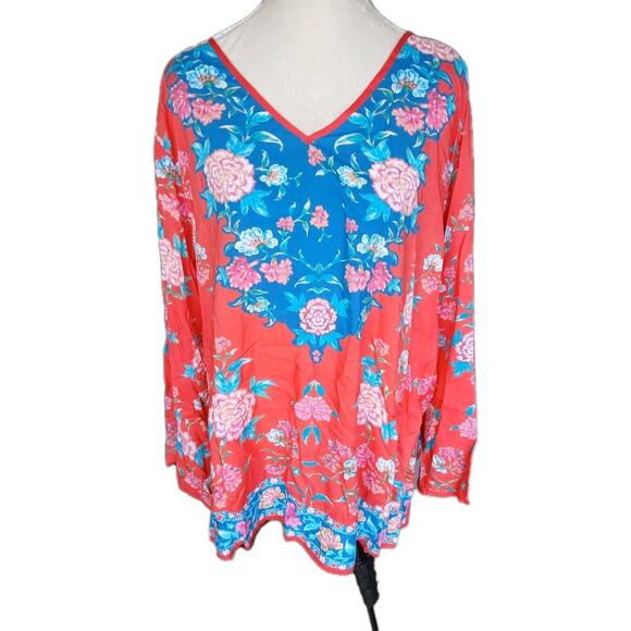 Tolani Plus Sz 3X Orange Teal Tropical Print Rayon LS Casual Tunic Blouse Top - Picture 1 of 5